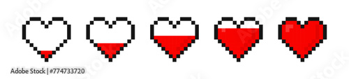 Pixel art heart. Pixel heart icon set. Pixel game life bar. Vector art 8 bit health heart bar.  © Vlad Ra27