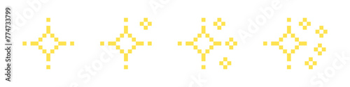  Pixel star set. 8-bit stars. Pixelated stars. Shiny stars pixel art icon set. Sparkling stars pixel art. photo