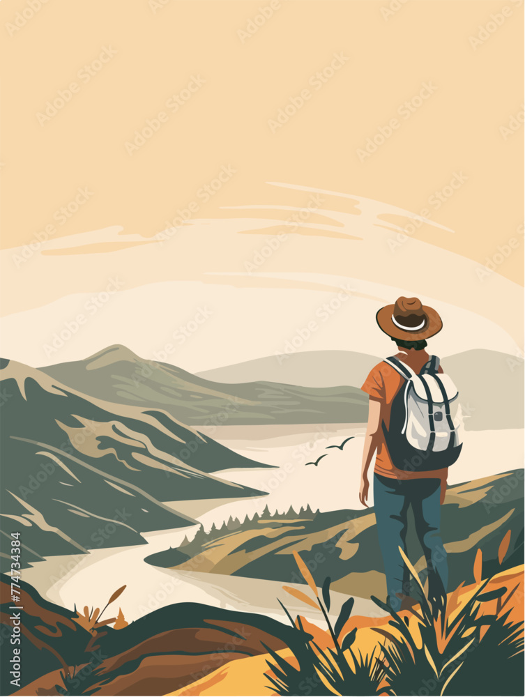 An vector illustration of an adventurous man with backpack looking at the beautiful landscape, flat design for travel poster, minimalistic composition An vector illustration of an adventurous man with backpack looking at the beautiful landscape, flat design for travel poster, minimalistic composition