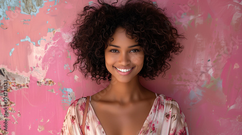 Portrait of a smiling young woman with curly hair against a textured pink background. photo