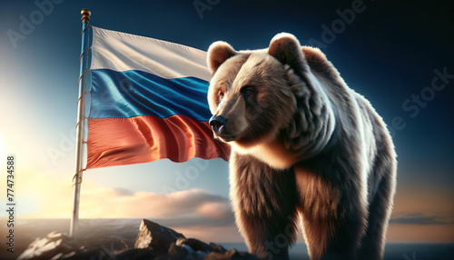 A formidable brown bear stands before the flowing Russian flag, symbolizing the nation's strength and spirit photo
