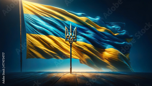 The emblematic trident stands proudly before a billowing Ukrainian flag, a symbol of steadfast spirit and unity