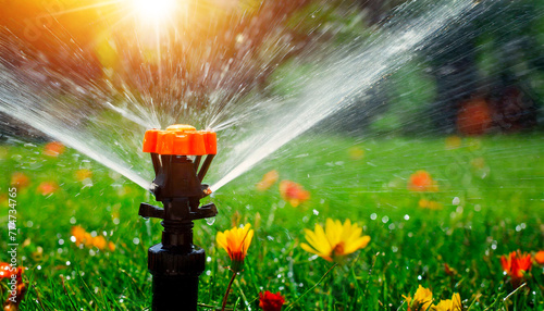 Closeup of an orange and black automatic garden lawn sprinkler watering the grass and flowers in the yard. Smart agriculture with modern technology concept. Generative Ai.