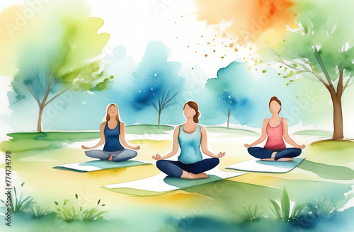 Women's yoga outdoor, yoga class, fitness, workout, physical exersises. Nature, watercolor © Виктория Воинская