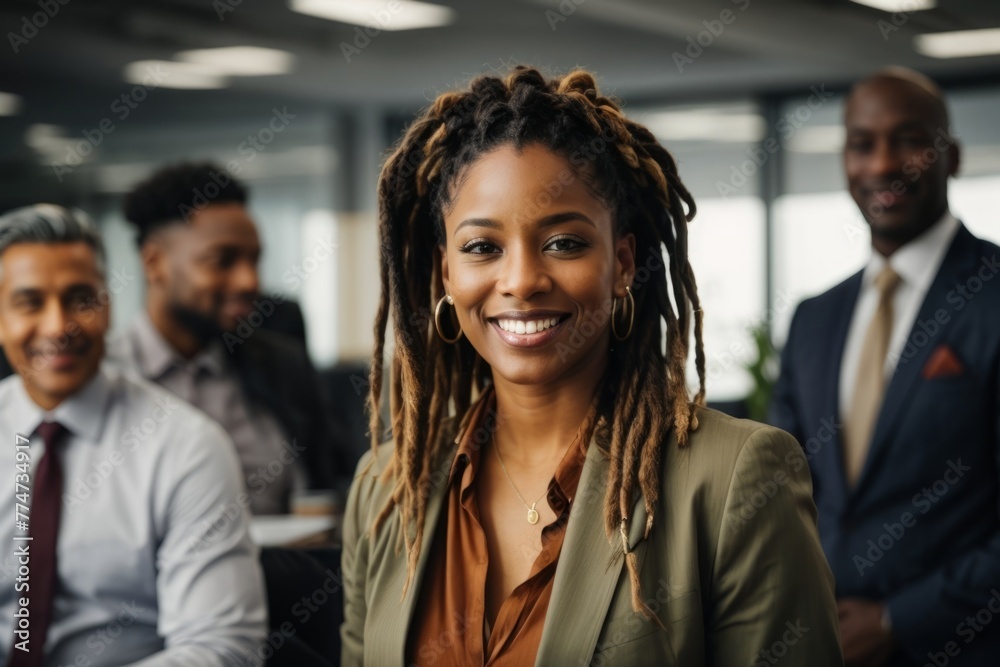 A woman with dreadlocks is smiling at the camera