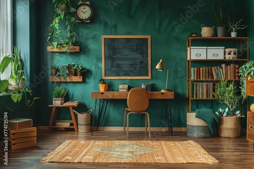 Children s room interior at home. Spacious room with study desk  chair  bookshelves  chalkboard  boxes  lamp  plants  clock  rug  laminate flooring and area for playing  Generative AI