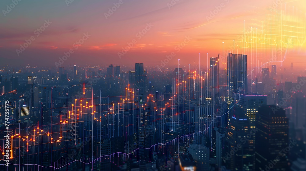 Visualize the concept of financial growth through an abstract data line graph set against an urban backdrop