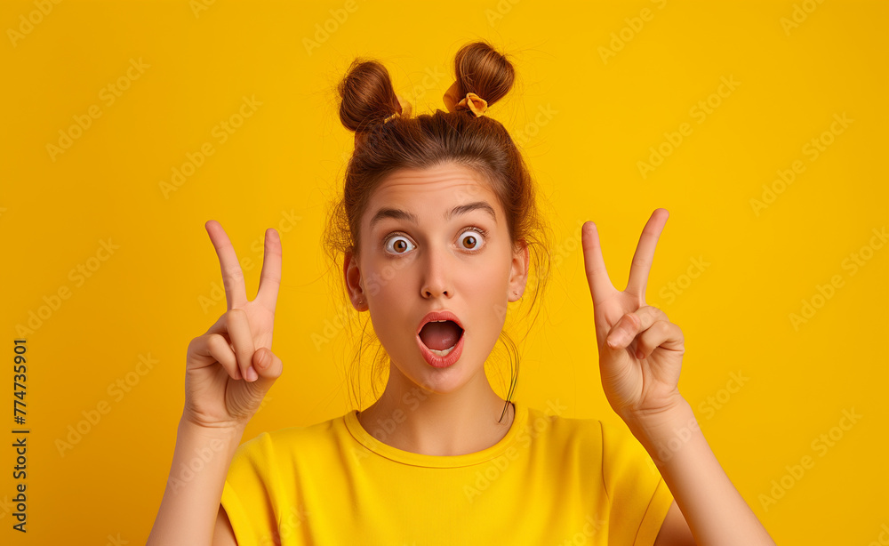 Surprised girl with ponytails pointing at empty space for promotion on a yellow background Surprised girl with ponytails pointing at empty space for promotion on a yellow background