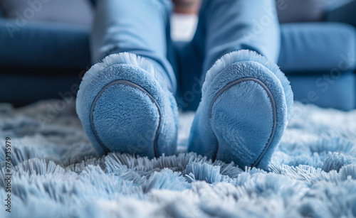 Cozy Comfort  Close-Up of Man in Soft Blue Slippers at Home