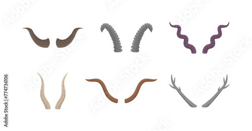 Horny hunting trophy of argali sheep, ibex, african buffalo, stag and reindeer. Icons in flat design. Set of horn of different animals isolated on a white background. photo