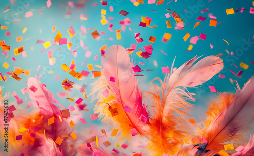 Colorful Confetti Dance Against Blue Background, Illuminated by Pink and Yellow © Curioso.Photography