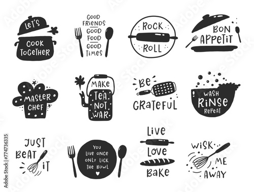 Cooking lettering icons set. Hand drawn vector illustration. For badges, labels, logo, bakery, street festival, farmers market, country fair, shop, kitchen classes, cafe, food studio
