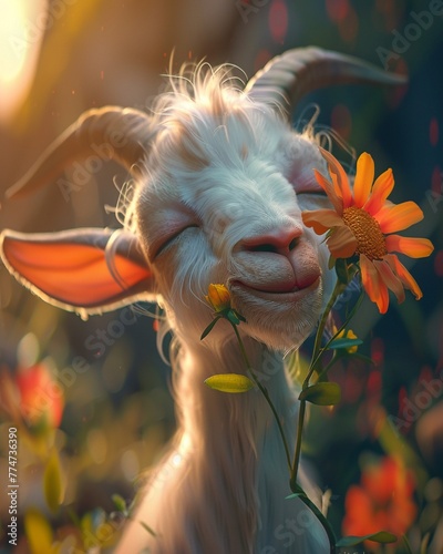 Macro shot of a goat with a joyful expression clutching a vibrant flower in its mouth.