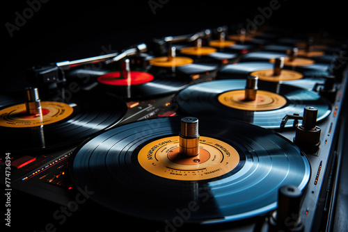 Abstract image of vintage music records on turntables. Generated by artificial intelligence