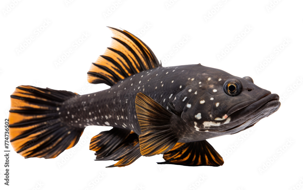 Fototapeta premium A vibrant black and orange fish gracefully swims against a clean white background