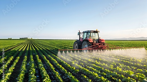Sprayer Arms Extended Tractor Treating Vast Green Farmland on a Sunny Day generative ai