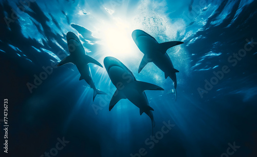 Sharks swim in the deep sea. © Curioso.Photography