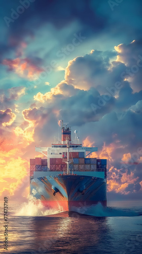Majestic sight of a cargo ship fully laden with containers, sailing through the ocean in a scenic dockyard setting