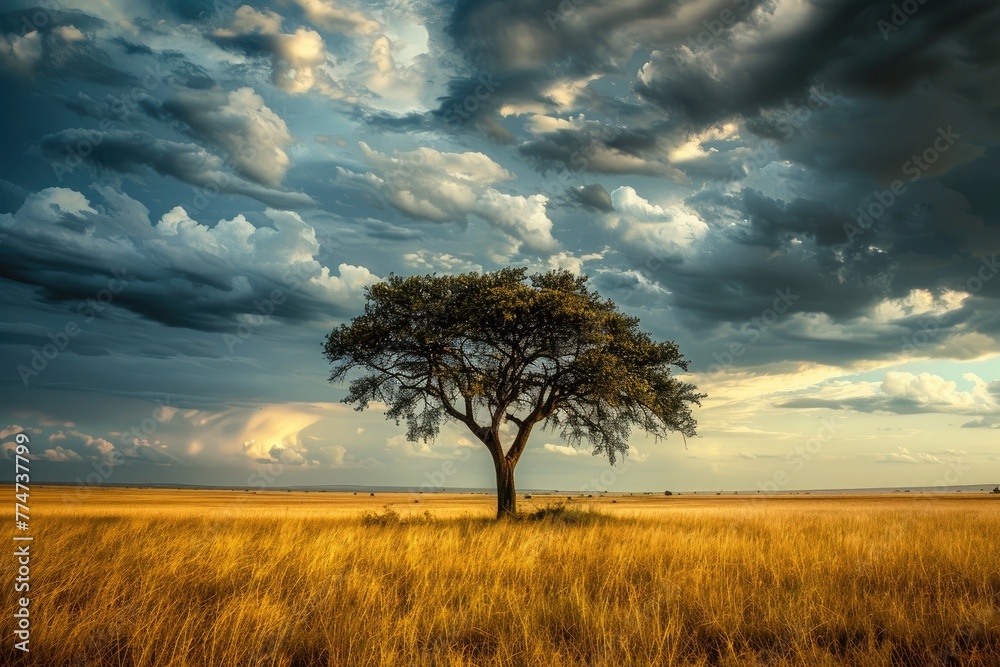 Beautiful landscape with lonely tree on the meadow under cloudy sky Beautiful landscape with lonely tree on the meadow under cloudy sky