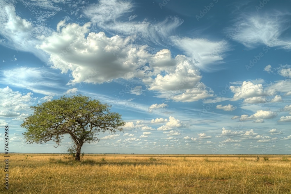 Beautiful landscape with lonely tree on the meadow under cloudy sky Beautiful landscape with lonely tree on the meadow under cloudy sky