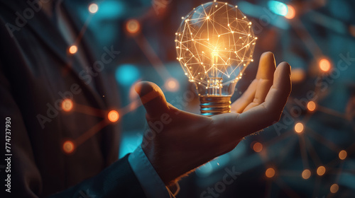 An illustration featuring a human hand holding an illuminated electric bulb, represents the business concept of innovation, unique ideas, and standing out from competition in a creative way