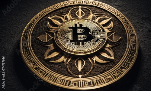 A lustrous Bitcoin coin is superimposed on a textured backdrop, blending modern digital currency aesthetics with classical design elements. AI generation