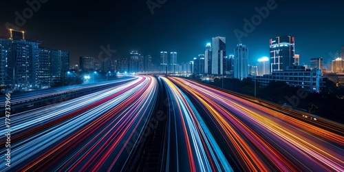 Smooth flow of traffic lights streaking through a city at night. The dynamic lines of light create a sense of movement and energy in the urban landscape, drawing inspiration from the contemporary city
