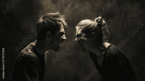 Two people, man and woman, engaged in a heated argument, symbolizing the clash of incompatible perspectives. The image captures the tension and discord between the individuals. photo