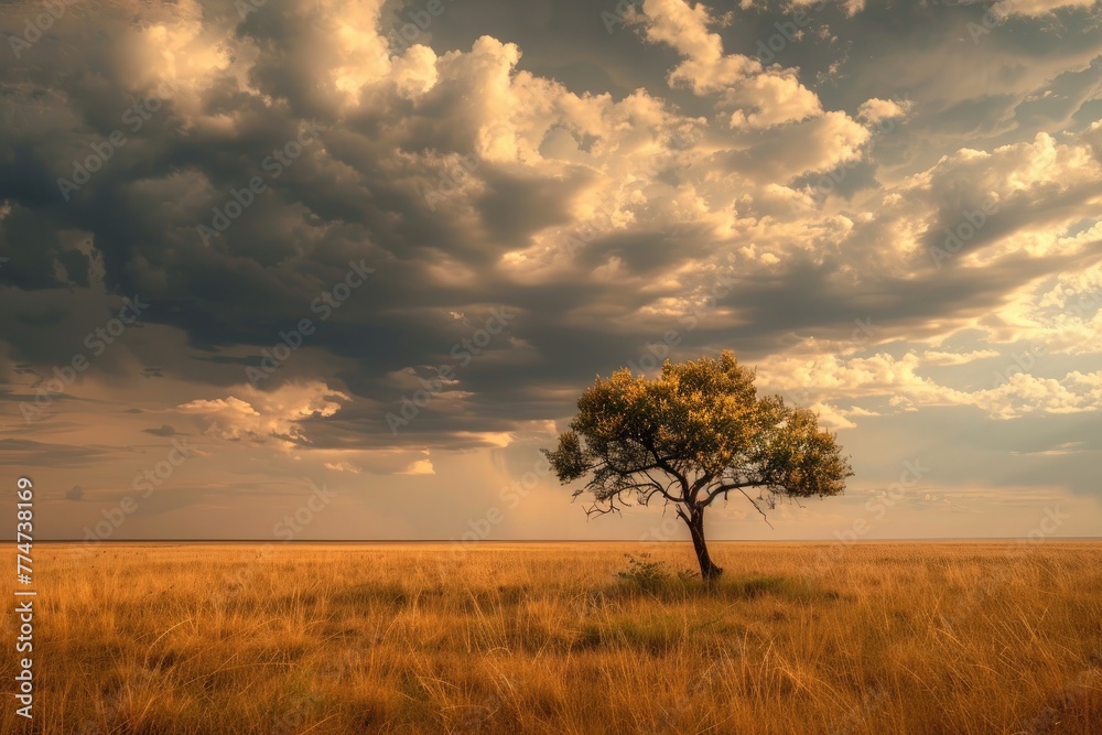 Beautiful landscape with lonely tree on the meadow under cloudy sky