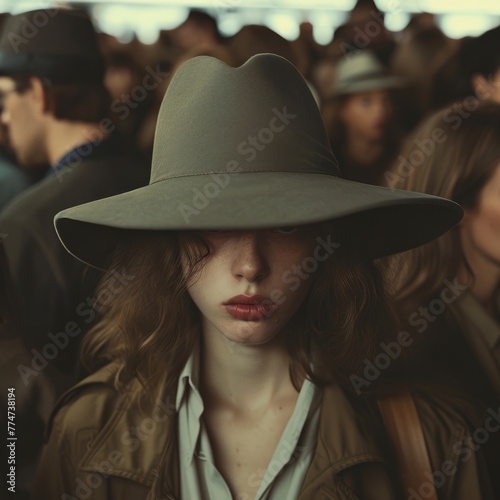 Young escapee blending into a crowd at a bustling train station, their face partially obscured by a wide-brimmed hat. The use of soft focus and earthy tones enhances the anonymity and surreptitious.