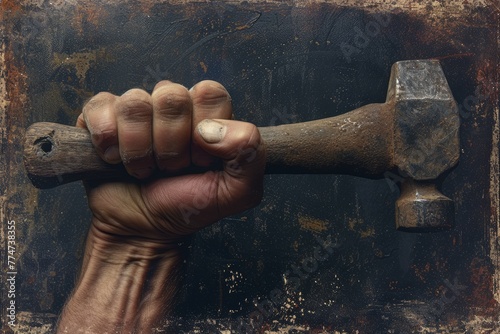 Close-up of a clenched fist, with a metallic foehammer emerging from the grasp. The image plays with textures, combining the smoothness of skin with the rugged surface of the hammer. Colors are muted,