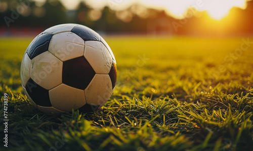 Soccer ball on the grass of football stadium