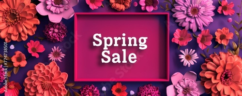 Spring Sale - text in a frame with 3d flowers background. Promotional banner background for spring sale © Artlana