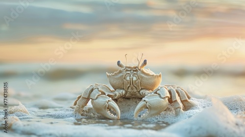Crab-shaped sandcastle at the water's edge, surrounded by approaching tide. The dynamic composition and use of soft, pastel hues evoke a whimsical charm, inspired by the dreamlike coastal scenes.