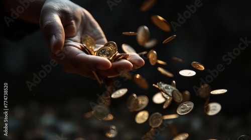 Hand dropping numerous identical coins, symbolizing the abundance and commonality of the subject. The coins create a dynamic motion as they fall. photo