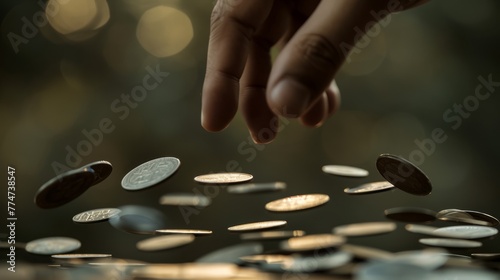Hand dropping numerous identical coins, symbolizing the abundance and commonality of the subject. The coins create a dynamic motion as they fall. photo