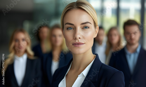 Smiling business woman leader standing in office at team meeting, business woman standing in office with work colleagues. Confident woman in formal wear stands at her workplace..