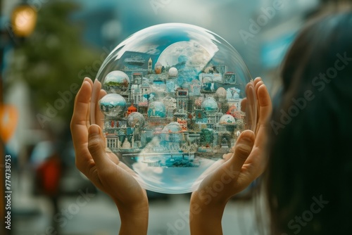 Person holding a thought bubble filled with miniature scenes representing diverse concepts and inspirations. The image visually conveys the complexity and richness of a single idea.  photo