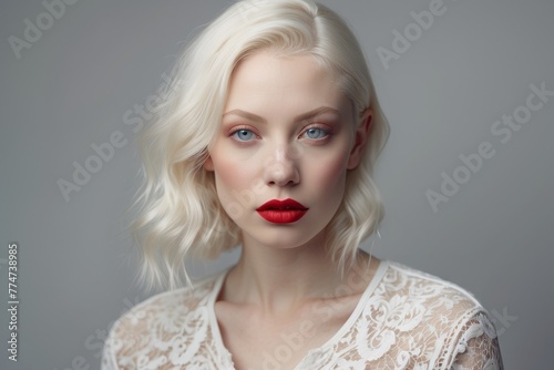 A woman with blonde hair and red lipstick is wearing a white lace top