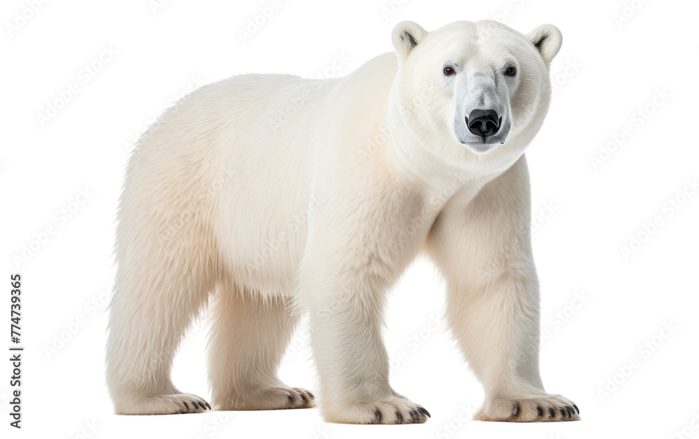 Majestic white polar bear standing tall against a stark white backdrop