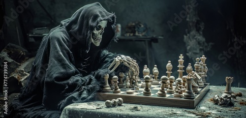 Grim Reaper Sitting and playing chess. Concept of death, memento mori. photo