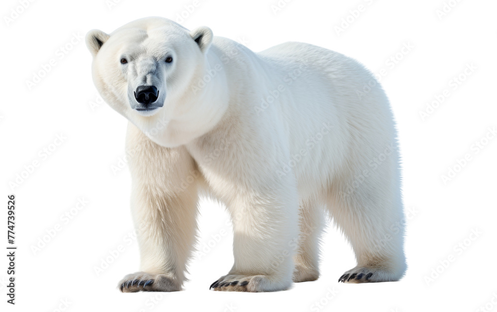 Fototapeta premium A majestic white polar bear stands on hind legs in snowy terrain