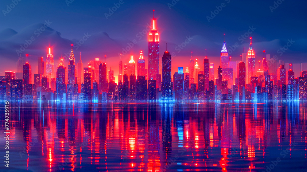 In a 3D utopian city, buildings use LED facades to display funny animations, turning the skyline into a nightly comedy show, with colors that reflect the mood of the city