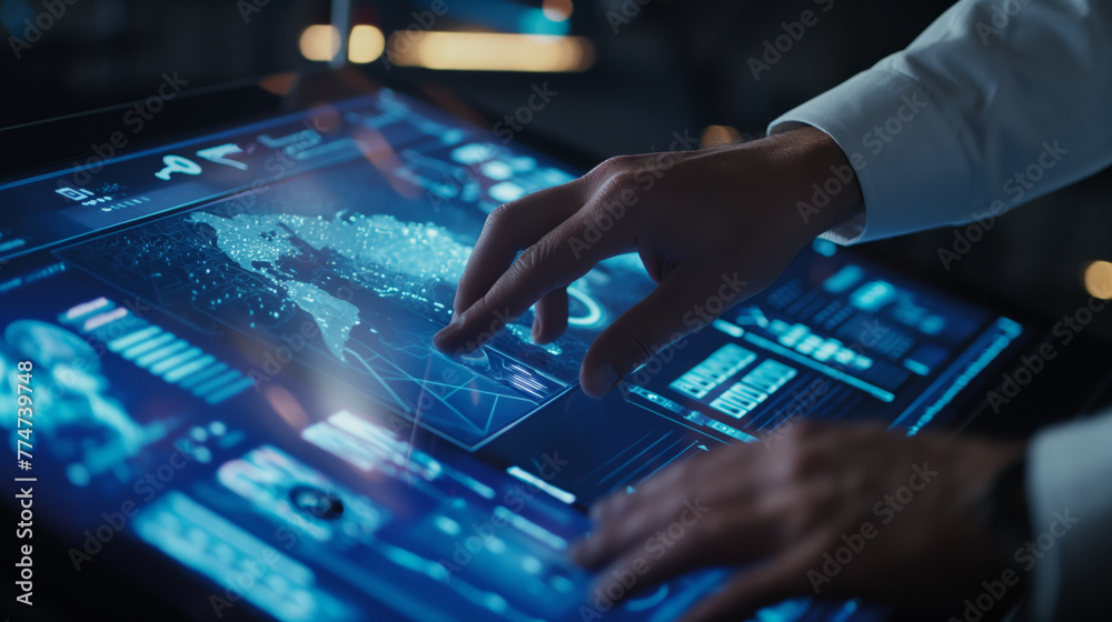 A close-up view capturing a hand on a high-tech monitor, engaged in serious technological research work with specialized software, amidst a dark ambiance with blue hues