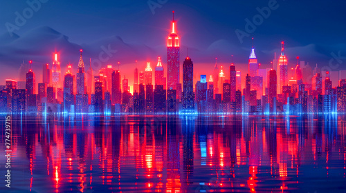 In a 3D utopian city  buildings use LED facades to display funny animations  turning the skyline into a nightly comedy show  with colors that reflect the mood of the city
