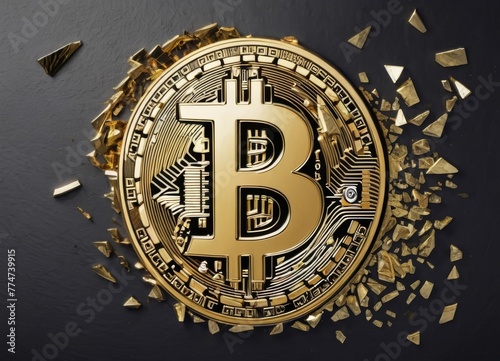 A symbolic representation of Bitcoin disruption  featuring a fragmented gold Bitcoin symbol against a dark backdrop. This image visually represents market volatility and the breaking of traditional