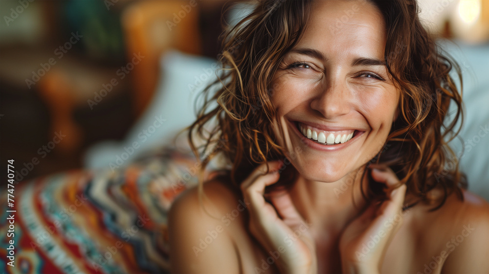 Portrait of Joyful Mature Woman Smiling in Bedroom, Embracing the Self-care Moment in the Morning with Happiness. Portrait of Joyful Mature Woman Smiling in Bedroom, Embracing the Self-care Moment in the Morning with Happiness.