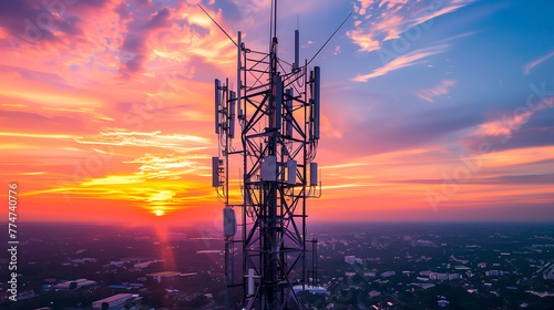 Telecommunication tower with beautiful sunset in the city, aerial view.