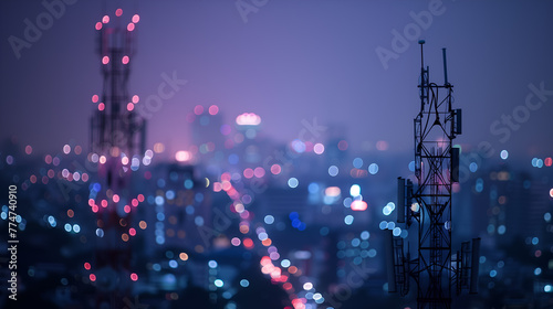 Telecommunication tower and cityscape at twilight time, technology background.