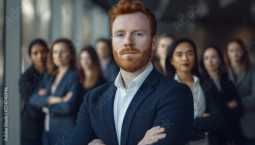 Smiling business man leader standing in office at team meeting, business man standing in office with work colleagues. Confident man in formal wear stands at her workplace